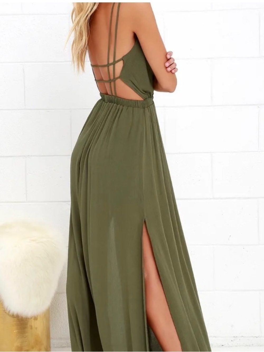 Lulus Lost in Paradise Olive Green Maxi Crepe Dress Size Small - Picture 2 of 12